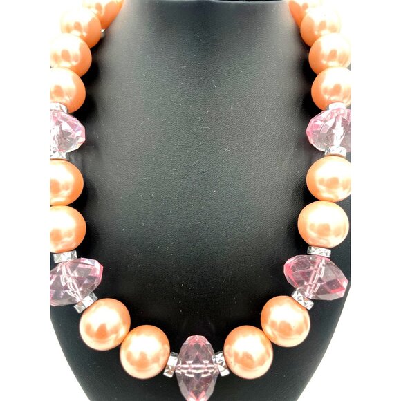 Chunky Beaded Necklace With Large Pink Pearls & Faceted Clear Beads - Picture 3 of 3